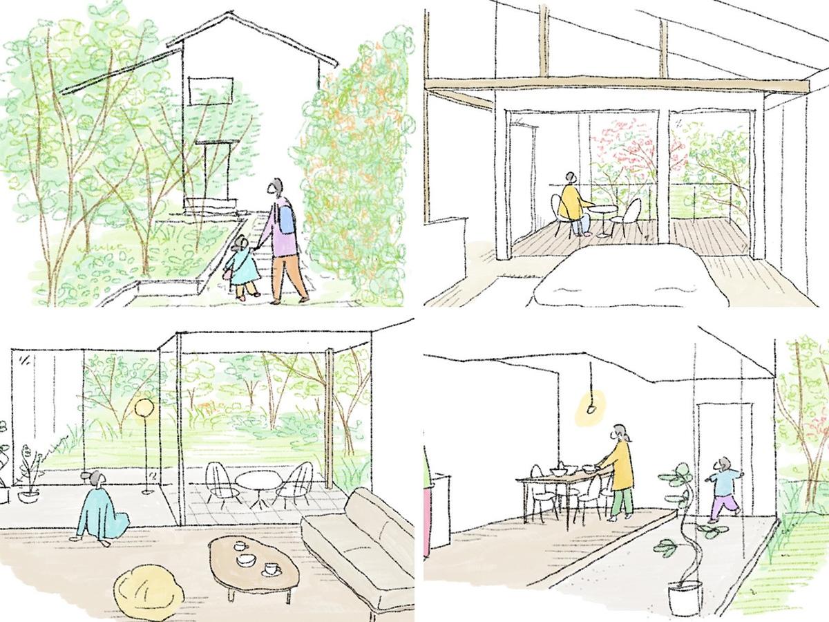 東久留米市学園町の売買物件/イメージイラスト。金木犀のアプローチを抜けて、緑豊かな住宅へ