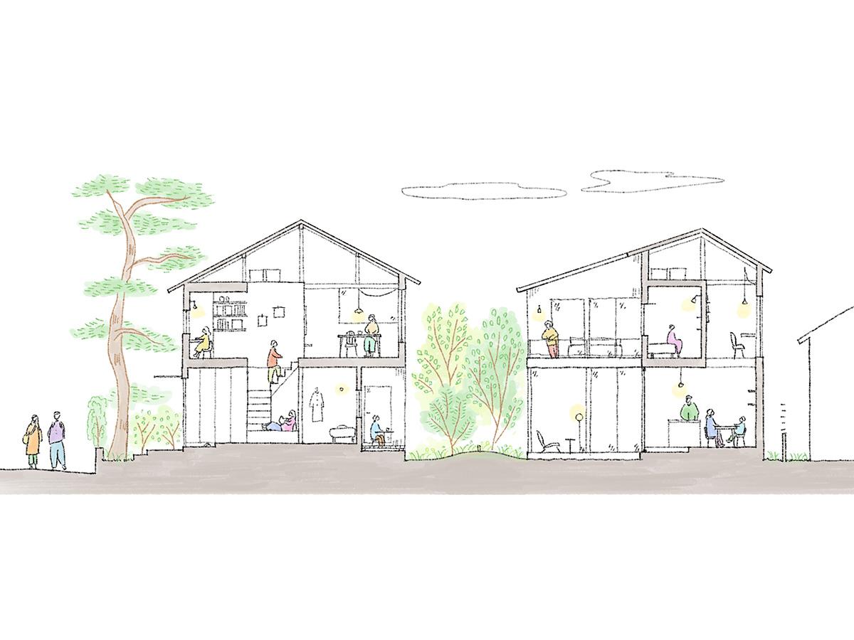 東久留米市学園町の売買物件/断面イメージ。家と家の間に緑のある風景を目指す（※イラストはイメージのため、実際のプランとは異なる可能性があります）