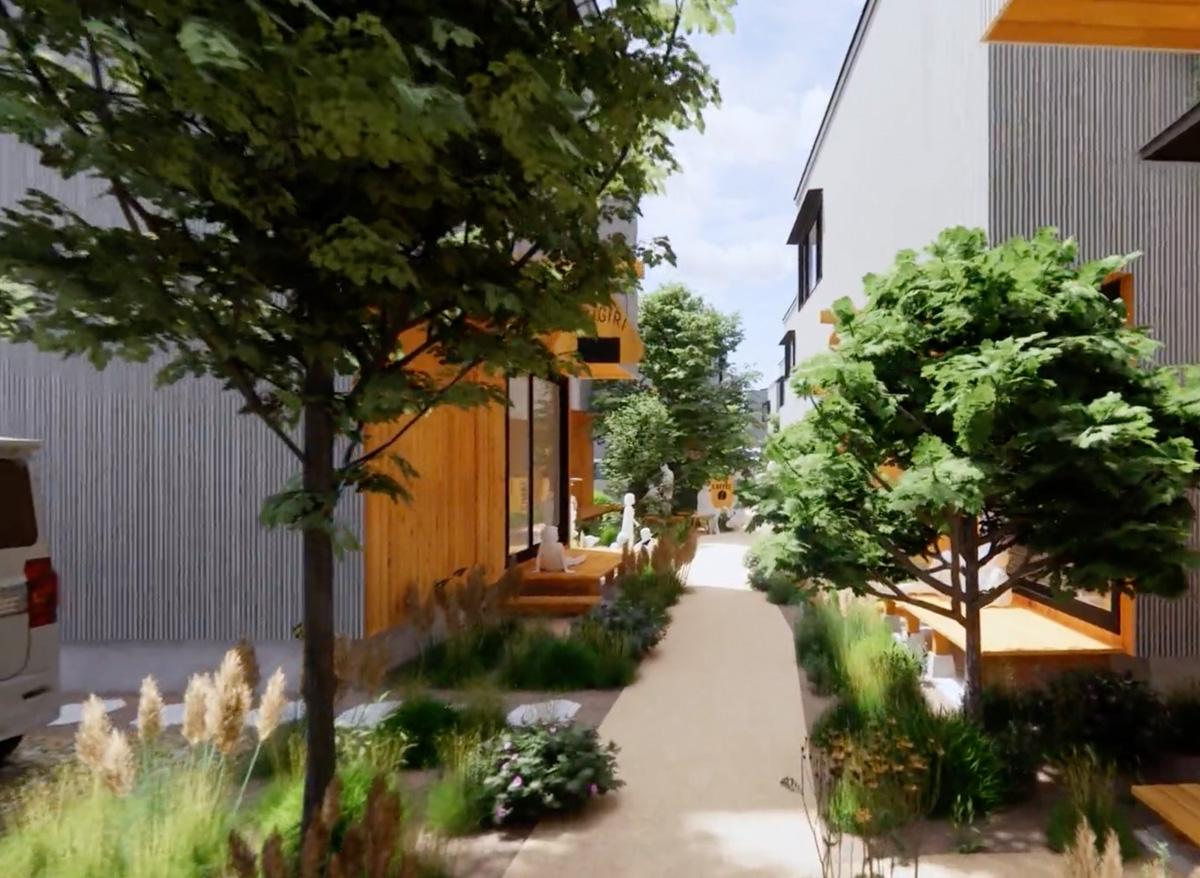 埼玉県新座市新堀1-14の売買物件/軒路は植栽に囲まれた通り道となります。各住戸のデッキがこの軒路に面する形で建物をつくっていきます