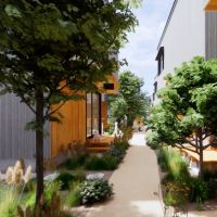 埼玉県新座市新堀1-14の売買物件/軒路は植栽に囲まれた通り道となります。各住戸のデッキがこの軒路に面する形で建物をつくっていきます