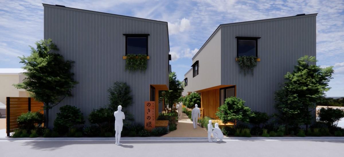 埼玉県新座市新堀1-14の売買物件/イメージパース。2列に住宅を配置し、その間に人が行き来できるような軒路をつくります