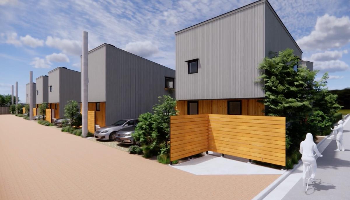 埼玉県新座市新堀1-14の売買物件/イメージパース。北東側からみて。各住戸の車は東側の私道に面した部分に駐車するようになります