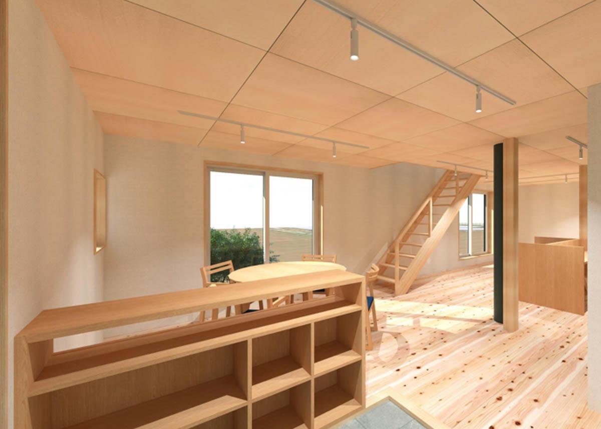 埼玉県新座市新堀1-14の売買物件/完成イメージ。床は杉の無垢材、天井はシナ材、壁はモイスが標準仕様。造作棚はオプションですが、内装に合わせて大工さんにオーダーができるのが嬉しい