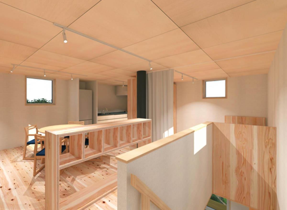 埼玉県新座市新堀1-14の売買物件/完成イメージ。階段上がった先、1階・2階ともにシナ材が貼られた天井の仕様になります。腰高の棚など造作家具はオプションになります