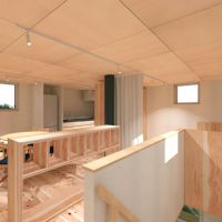 埼玉県新座市新堀1-14の売買物件/完成イメージ。階段上がった先、1階・2階ともにシナ材が貼られた天井の仕様になります。腰高の棚など造作家具はオプションになります