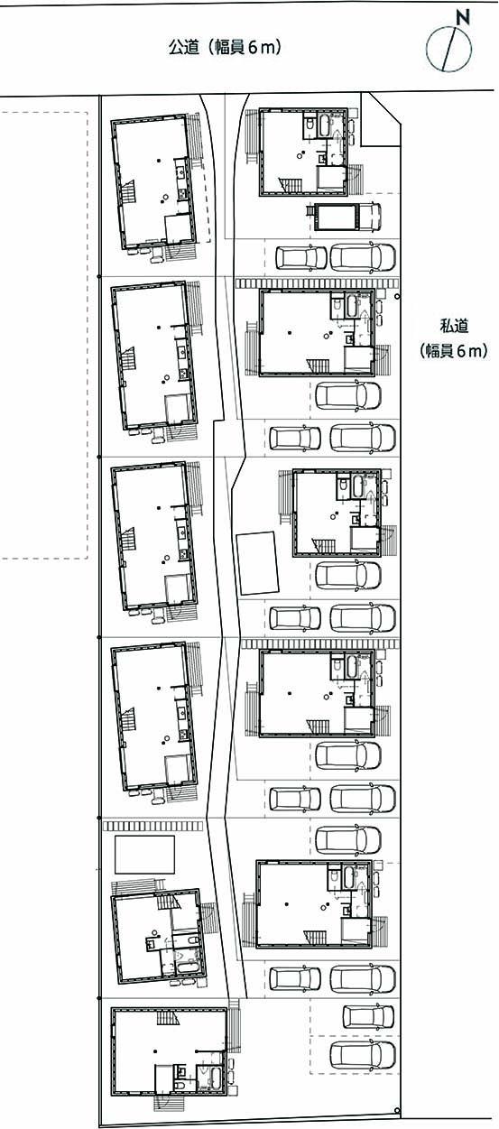 埼玉県新座市新堀1-14の売買物件/詳細配置図。西側に建つ住戸は旗竿の土地形状。車は縦列ですが2台駐車可能。東側の住戸は駐車場は1台。南側の住戸は敷地が広く2台駐車場可能です