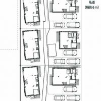 埼玉県新座市新堀1-14の売買物件/詳細配置図。西側に建つ住戸は旗竿の土地形状。車は縦列ですが2台駐車可能。東側の住戸は駐車場は1台。南側の住戸は敷地が広く2台駐車場可能です