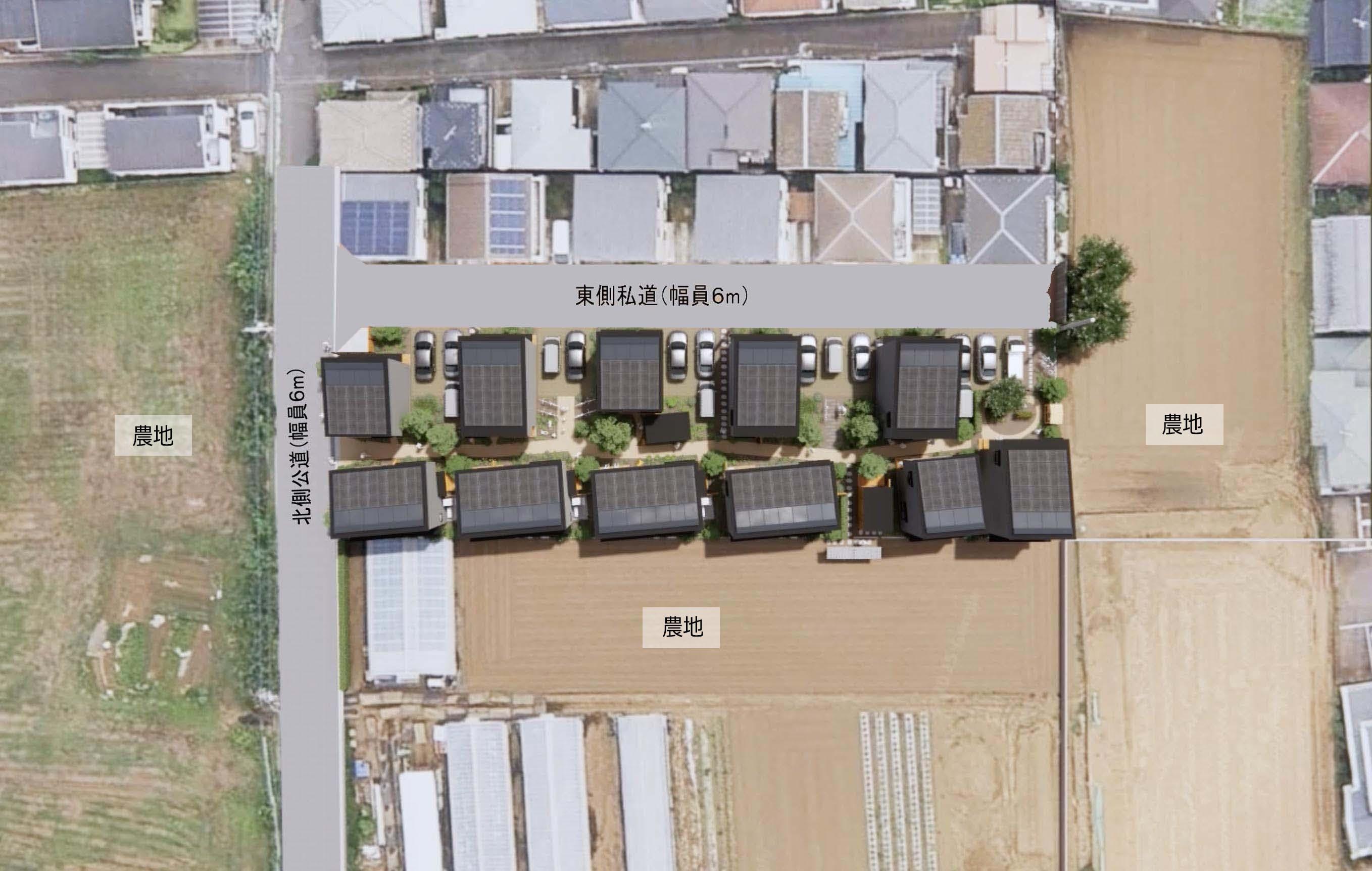 埼玉県新座市新堀1-14の売買物件/完成イメージ。黒い建物群が今回の分譲地。上空から見ると3方向が農地に囲まれた、のどかな環境です
