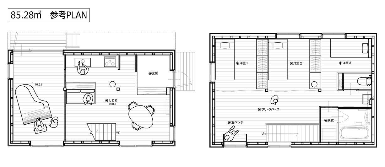 埼玉県新座市新堀1-14の売買物件/85.28㎡の参考PLAN。部屋を区画した場合の一例。なお、部屋の間仕切りは標準価格内で対応可能です