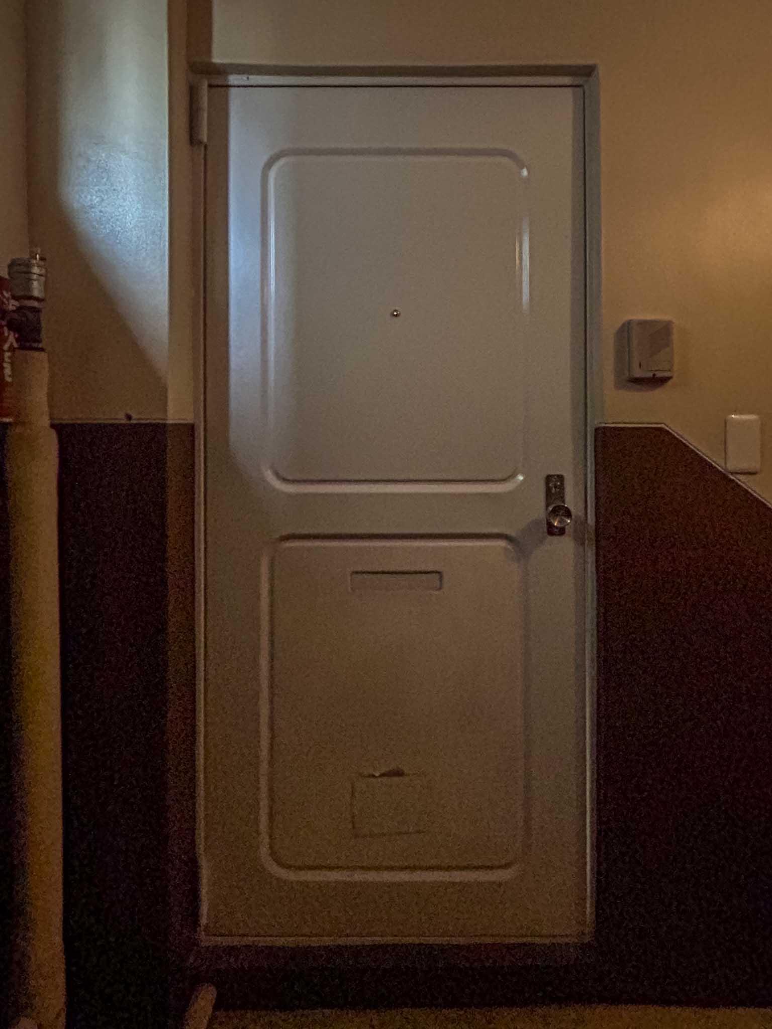 豊島区南大塚の賃貸物件/玄関扉を外から。共用階段の照明はやや暗めです