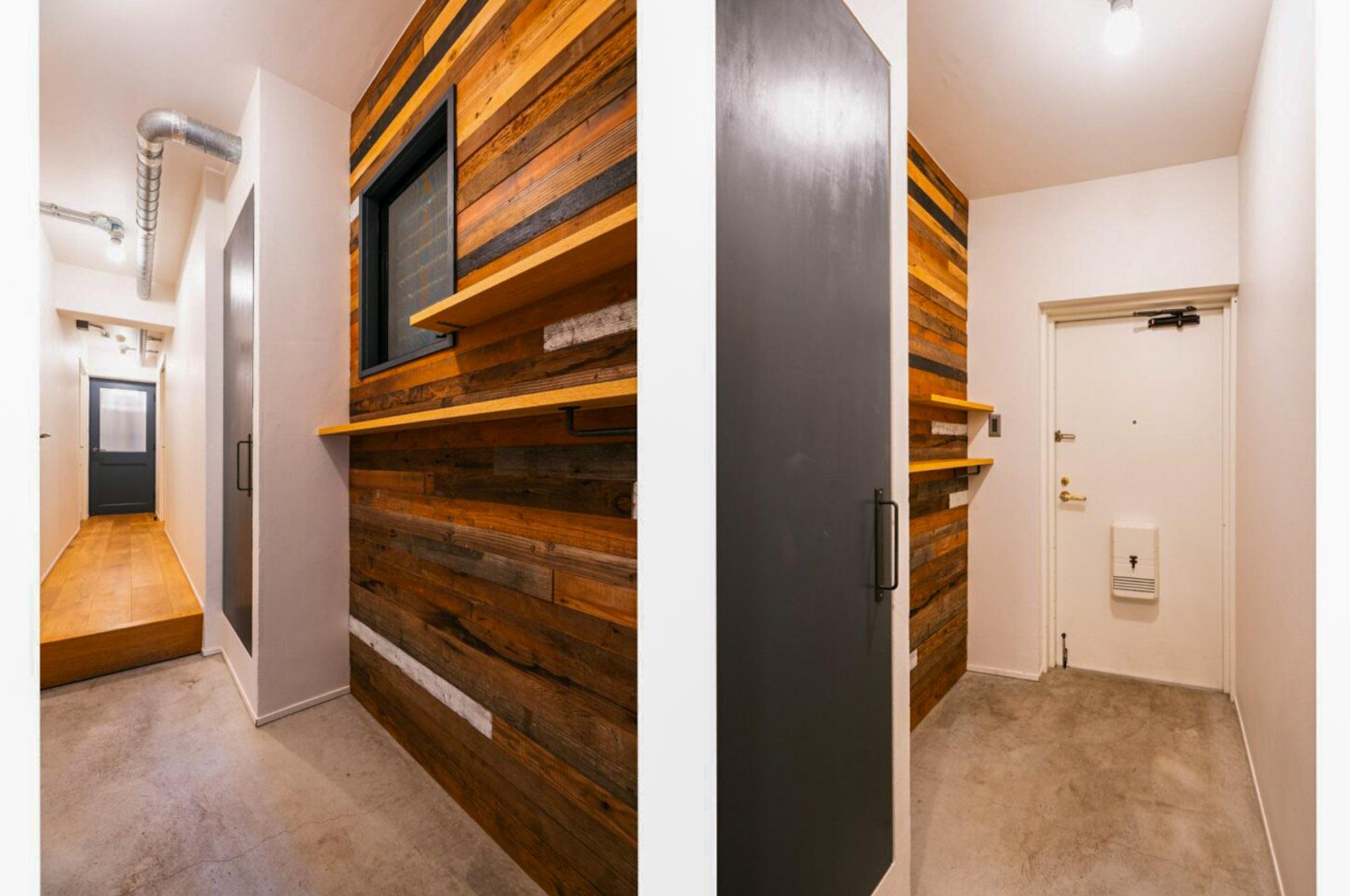 横浜市港北区箕輪町の売買物件/木貼りの壁面と露出配管のアトリエな土間