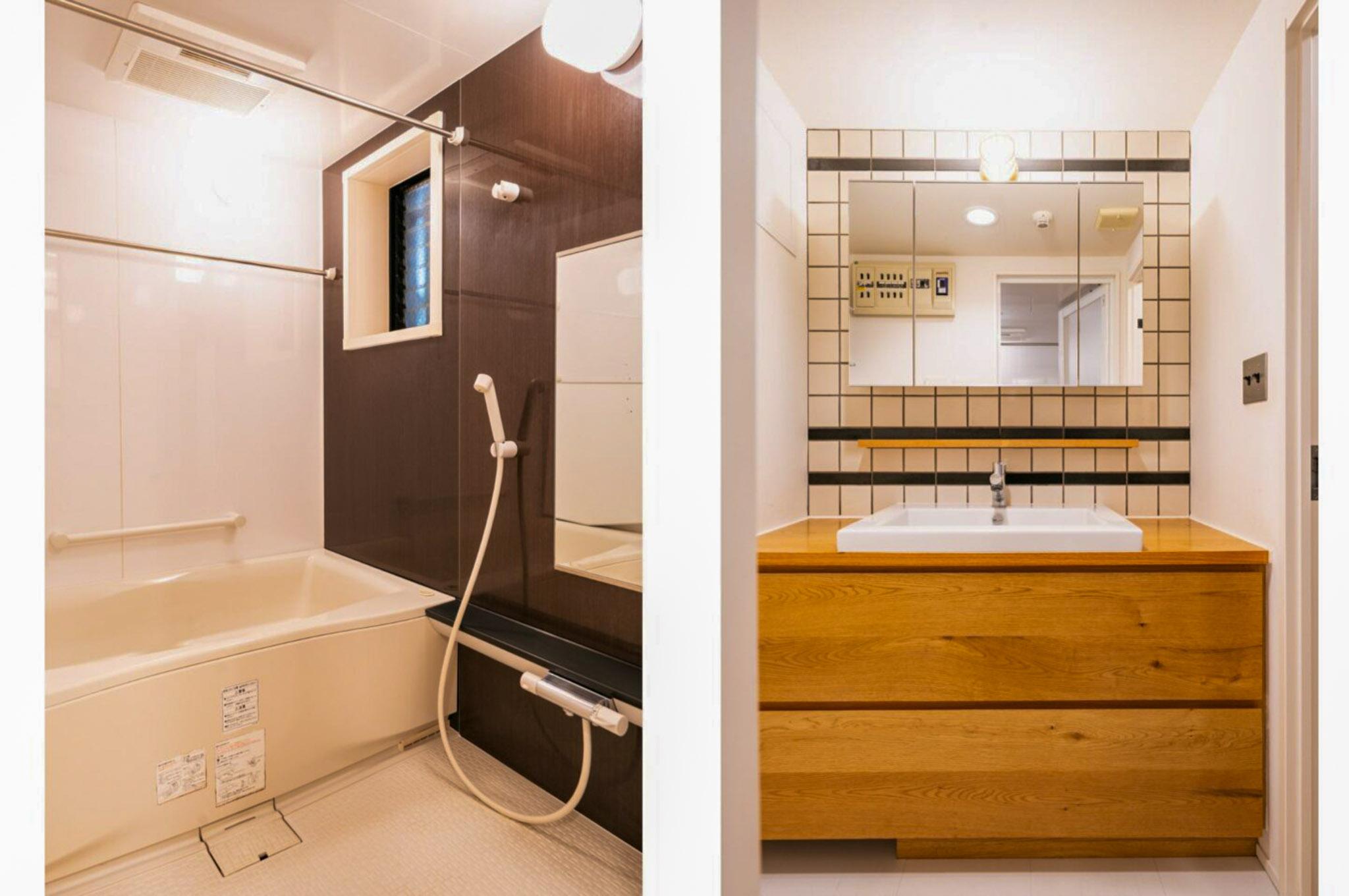 横浜市港北区箕輪町の売買物件/浴室とタイル張りの造作洗面台