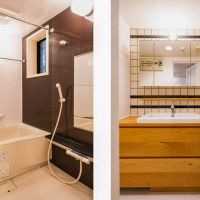 横浜市港北区箕輪町の売買物件/浴室とタイル張りの造作洗面台