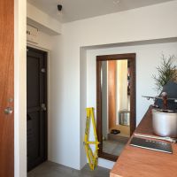 世田谷区池尻の賃貸物件/古材のミラーで身だしなみがチェックできる玄関。気持ち広めの土間で、開放感がある玄関です