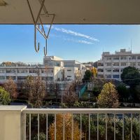 板橋区高島平の賃貸物件/目の前に広がる敷地内の緑。道路を挟んだ先にあるのは高校