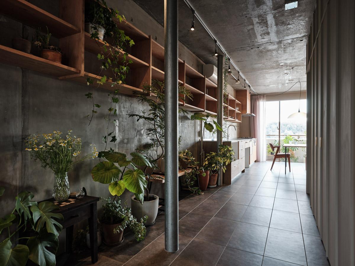 横浜市金沢区能見台の賃貸物件/玄関からキッチンへと続く通路は、壁がコンクリートのため植物に水をあげやすいスペース（写真：中村晃）
