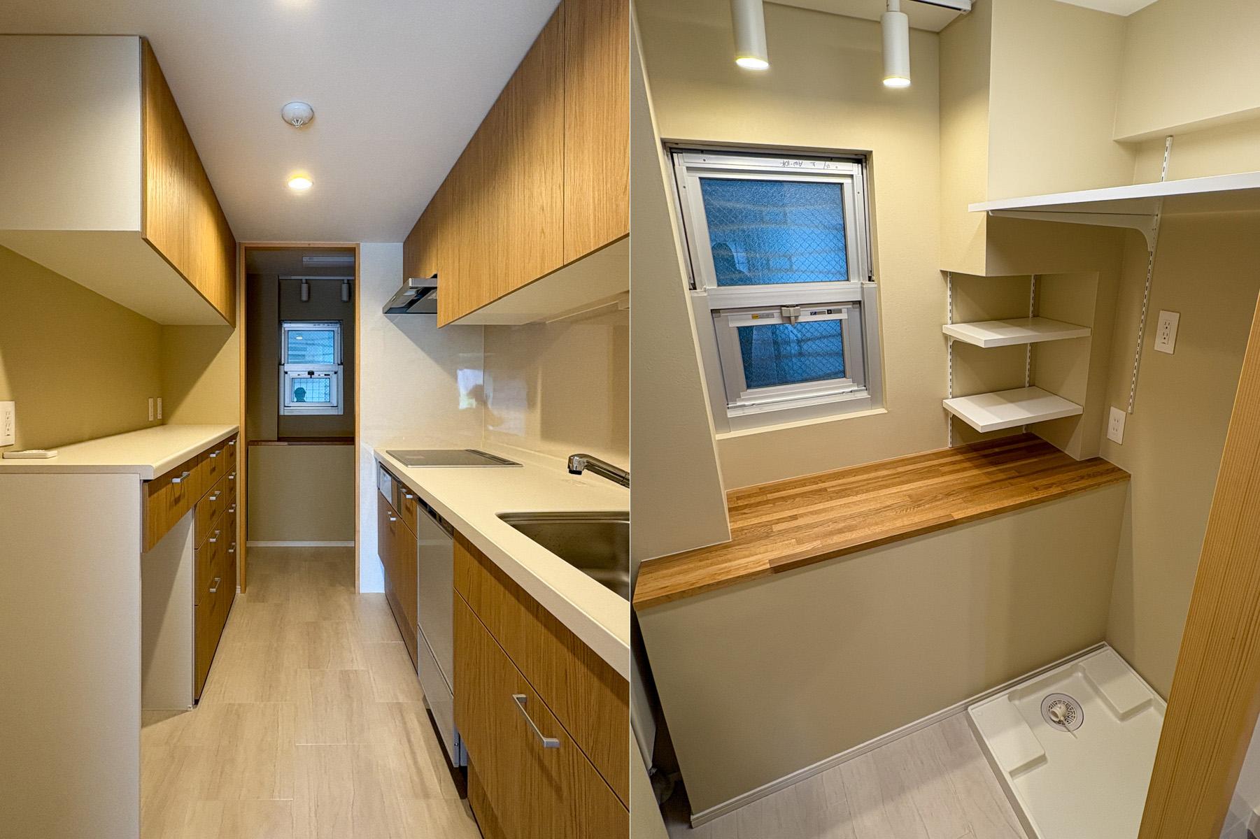 新宿区弁天町の賃貸物件/キッチンの奥には洗濯機置き場　ガス乾燥機のためのガス栓があります