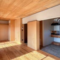 足立区東綾瀬の賃貸物件/412号室：天井が合板張りの木に包まれたような部屋