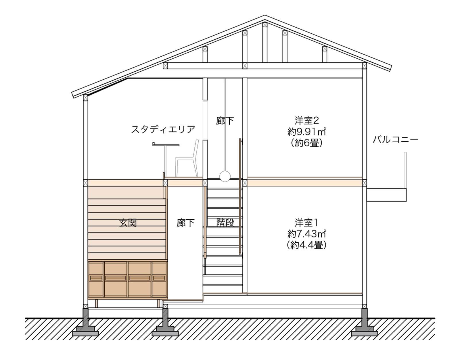 中野区上高田の賃貸物件/玄関とスタディエリアの断面図。こんな感じの吹き抜けになっています