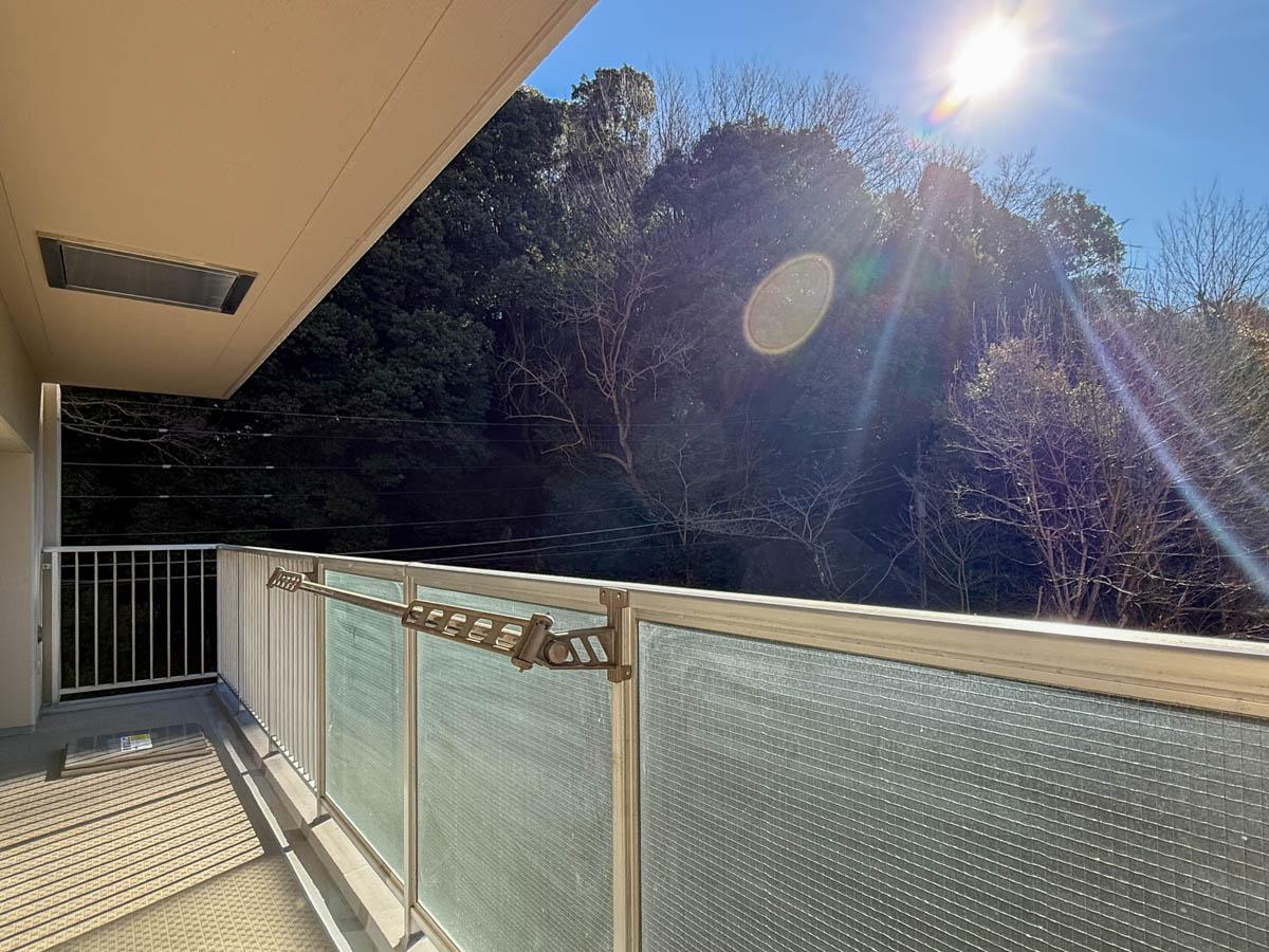 町田市山崎町の売買物件/南側バルコニー。東側に大きな雑木林があり、緑がこんもりしているのが嬉しい