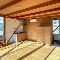 川崎市高津区溝口の賃貸物件/合板張りの部分に水回りがまとまっています。移動式の収納ボックス付き