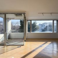 世田谷区池尻の賃貸物件/リビング全景。隣地は筑波大附属中学高等学校の敷地。たくさんの木々により四季を感じられる景色