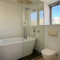 世田谷区池尻の賃貸物件/浴槽やトイレはフィリップ・スタルクによるデザイン。ガラス戸は1枚で、半分がオープンになる仕様が大胆