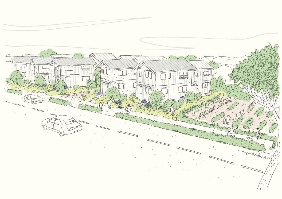 東京都東久留米市南町の売買物件/小麦畑だった場所を、まちの緑や風景を守る形でコーポラティブヴィレッジとして耕していきます。（※イメージのスケッチは参考です）