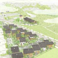 東京都東久留米市南町の売買物件/計画地を北西側から俯瞰して。計画地には全部で18戸の住戸が並びます。うち12戸がコーポラティブ方式で今回募集されます。6戸は追って別の形での販売を予定