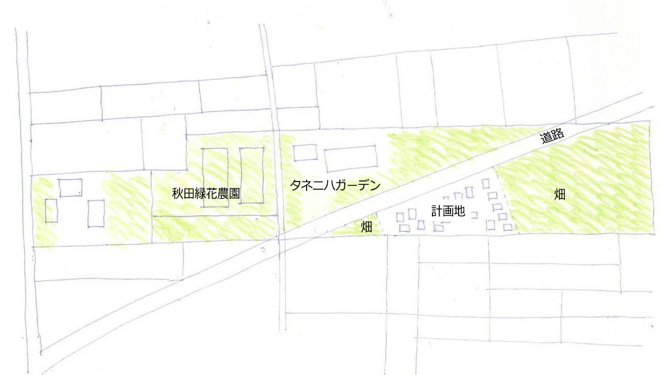 東京都東久留米市南町の売買物件/計画地周辺図。秋田が守ってきた緑が帯状に広がっています