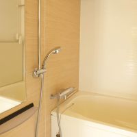 目黒区自由が丘の賃貸物件/木目調パネルが落ち着きを与えるバスルーム