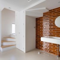 東京都昭島市東町の売買物件/玄関を開けると、エンジのタイルで仕上げられた手洗い洗面が待っています