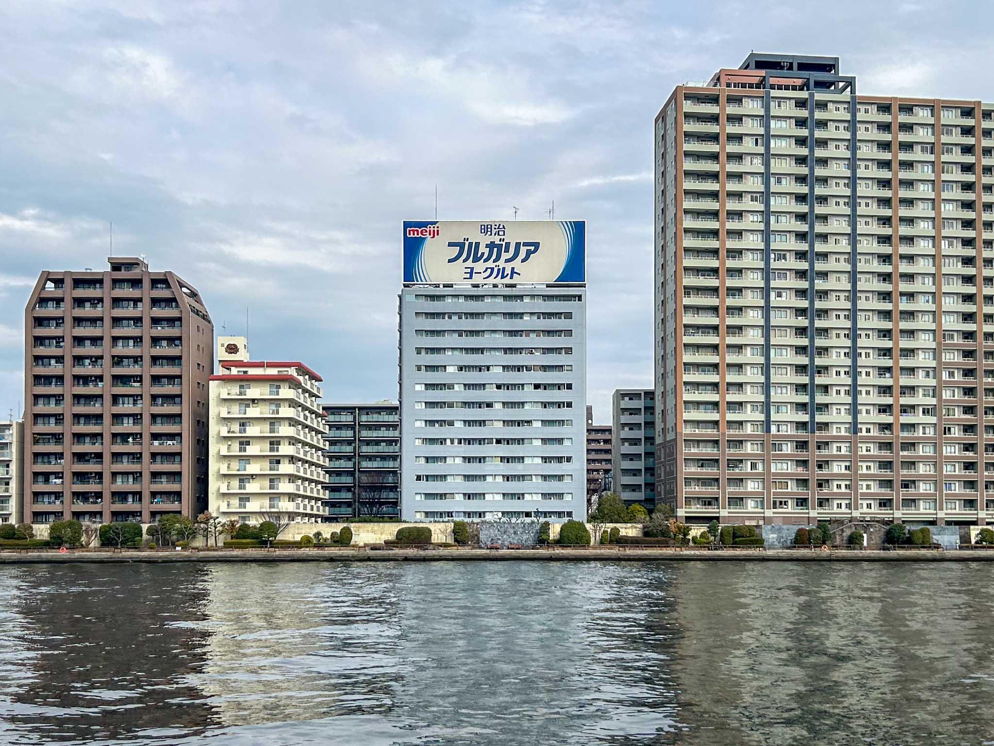 墨田区千歳の売買物件/隅田川沿いに立つ、うすいブルーのマンション