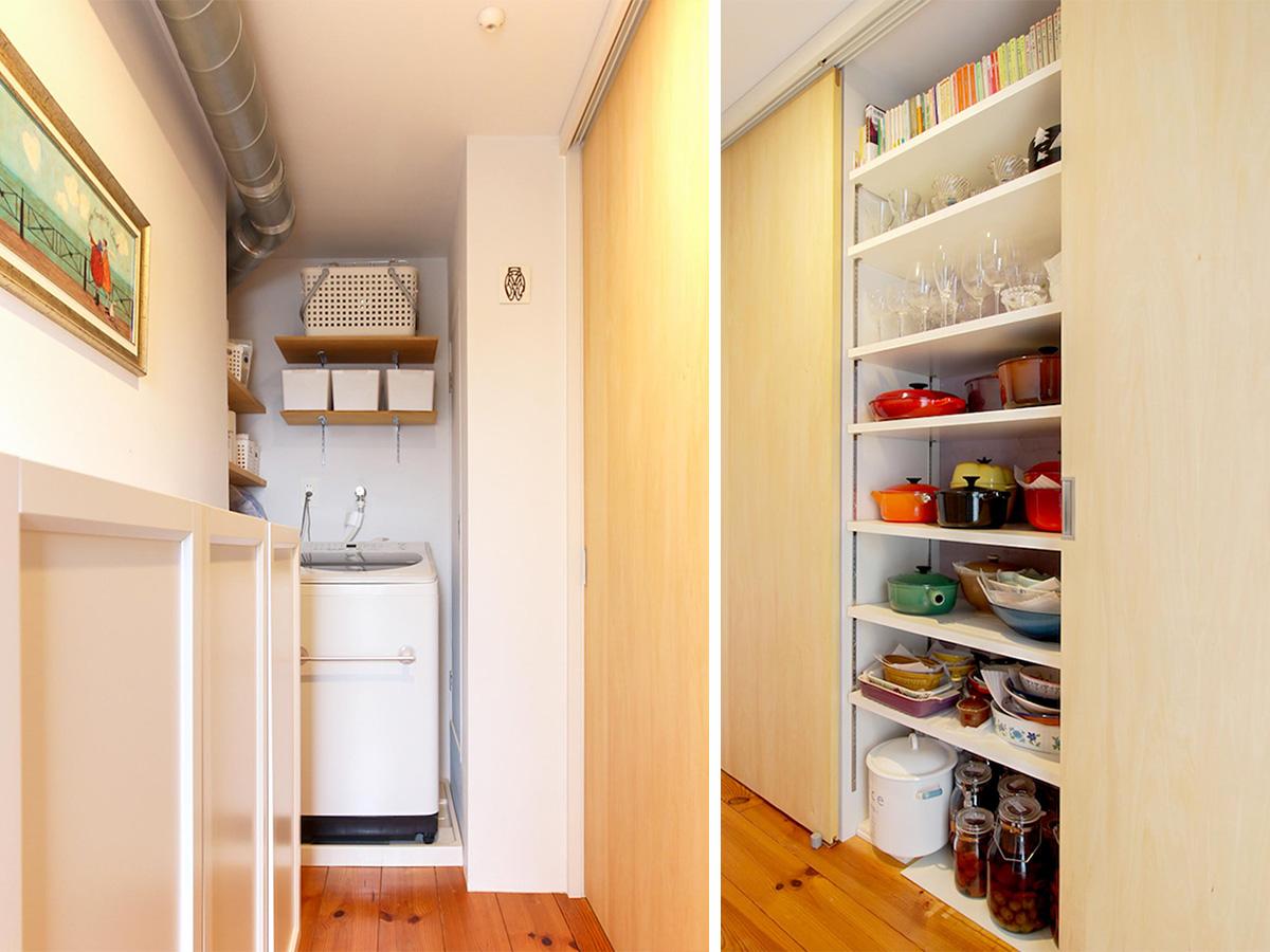 目黒区平町の売買物件/パントリーとして収納量は十分。洗濯機とベランダが近いので、物干しの動線もスムーズ