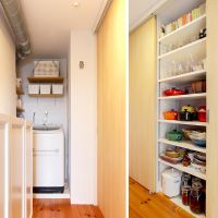 目黒区平町の売買物件/パントリーとして収納量は十分。洗濯機とベランダが近いので、物干しの動線もスムーズ