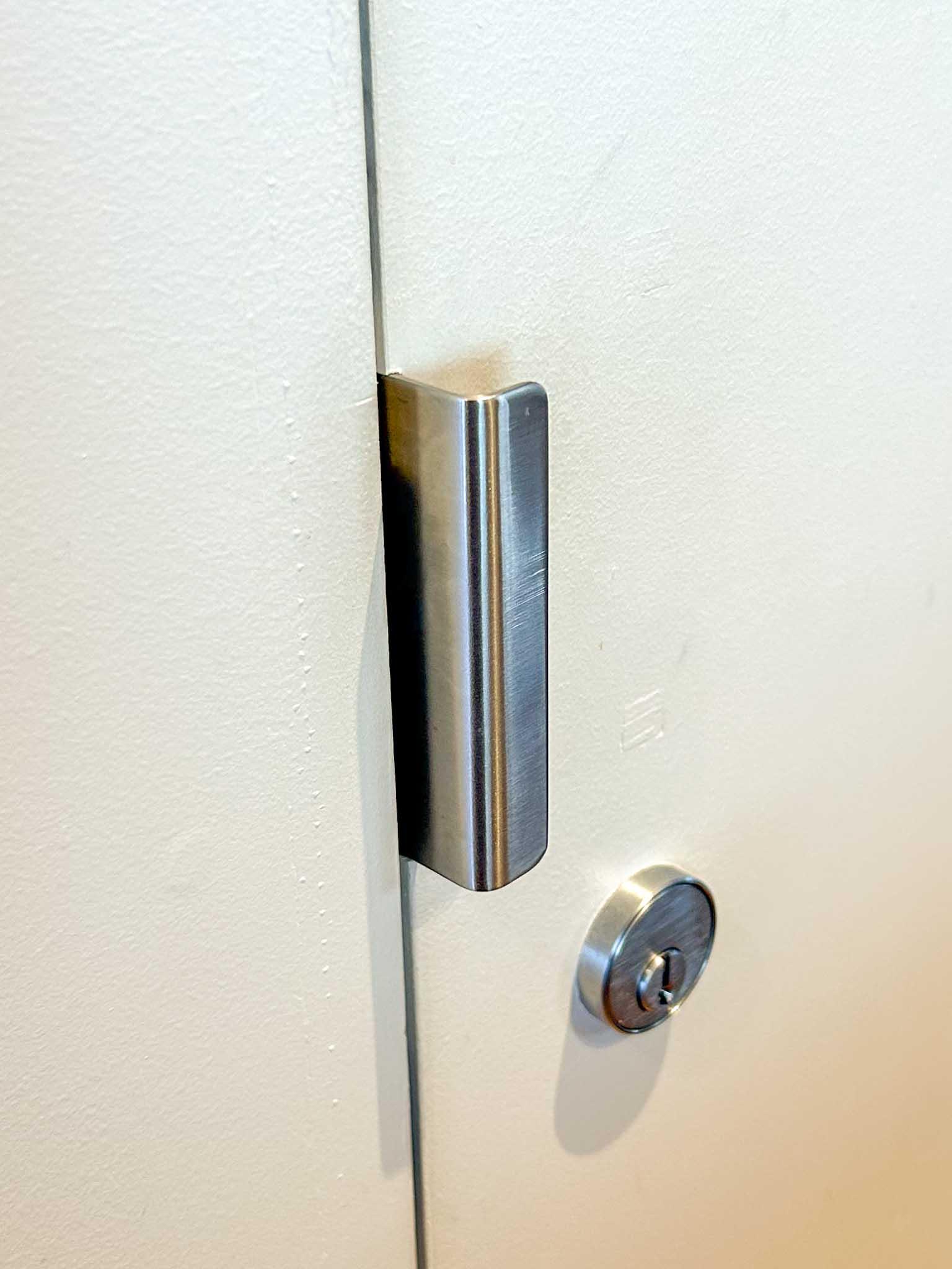 小金井市中町の売買物件/L字アングルのシンプルな取っ手。扉の枠がフラットなのもこだわりを感じるポイント