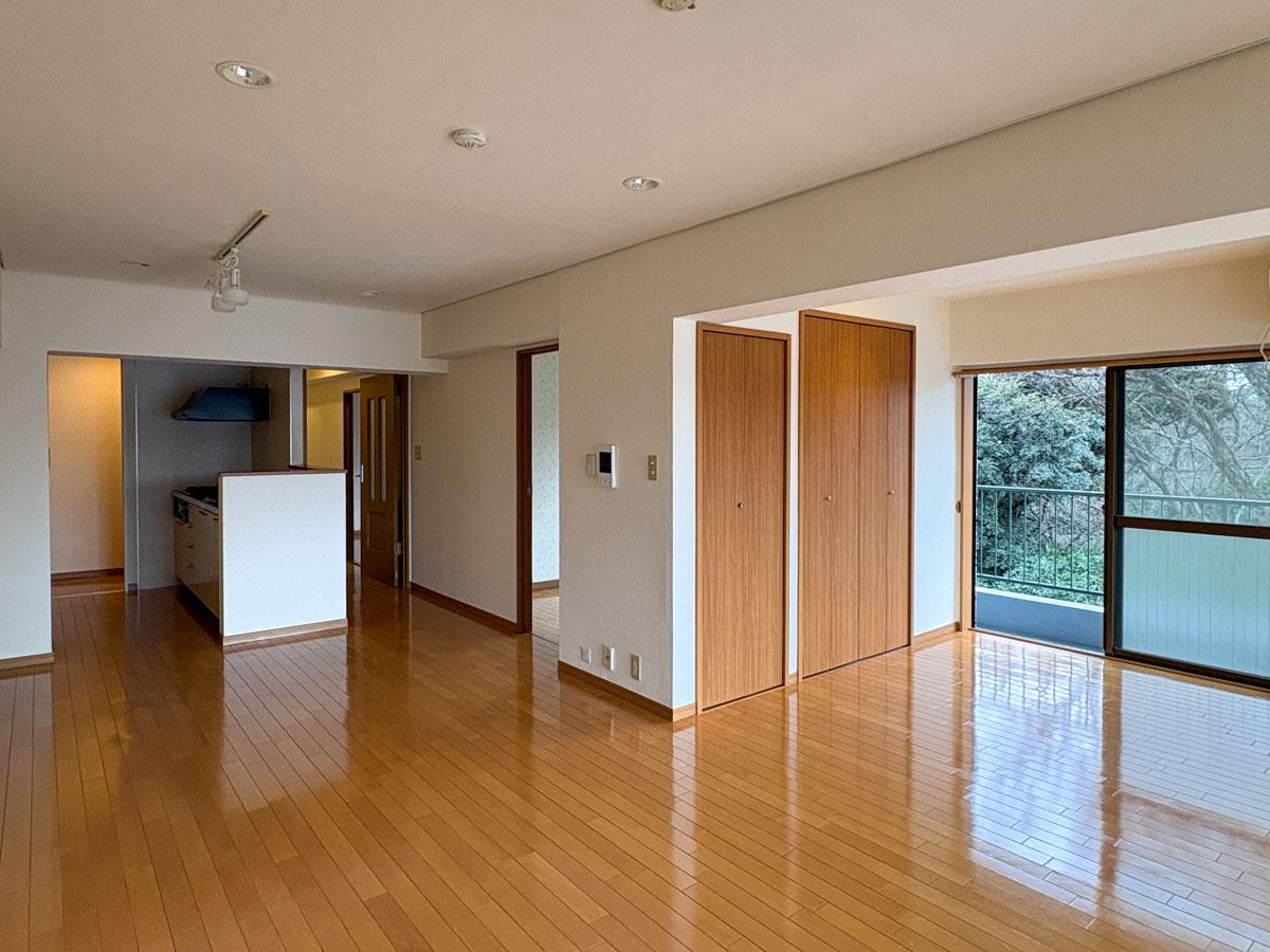 港区白金台の賃貸物件/リビングからダイニングへの視点　キッチンの前にダイニングテーブルが置け、リビングが広く使えるつくり