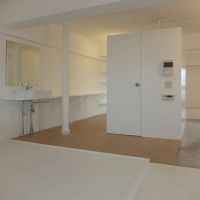 昭島市武蔵野の売買物件/扉の中はトイレ、壁沿いには洗面台から続くカウンター（2017年賃貸募集時の状態）