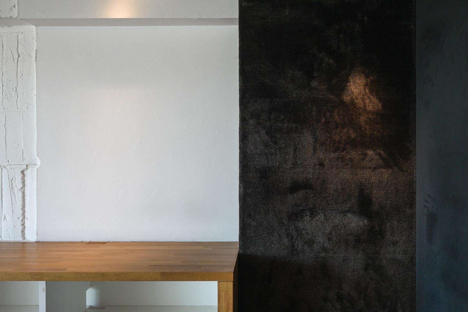 中野区中野の売買物件/個人的には、居室と廊下を色と材でくっきり切り替えているのがツボでした。黒い壁は一部、廊下床のカーペット材が使用されている