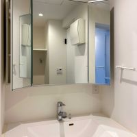 世田谷区奥沢の賃貸物件/三面鏡。三枚の鏡の裏は収納になっています