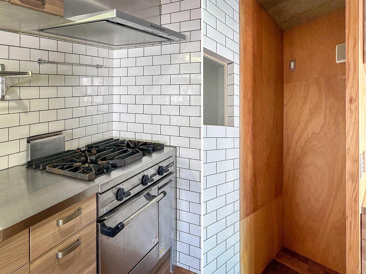 世田谷区池尻の売買物件/鋳物のレンジトップにオーブンがついた業務用レベルのキッチン。シンク側に冷蔵庫置き場（幅73cm）