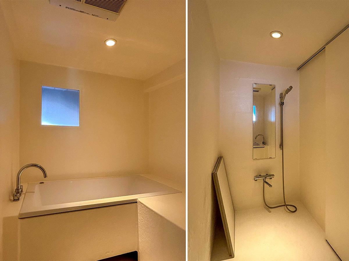 世田谷区池尻の売買物件/白い洞窟のような浴室。キッチン横の小窓から、ふわりと外の光が入ります