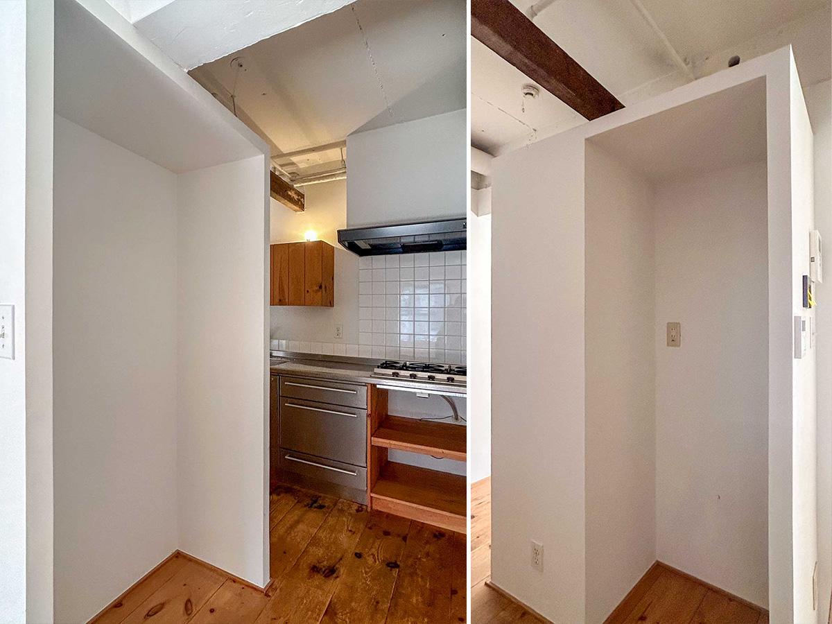 渋谷区上原の賃貸物件/左：収納スペース、右：キッチン背面の冷蔵庫置き場