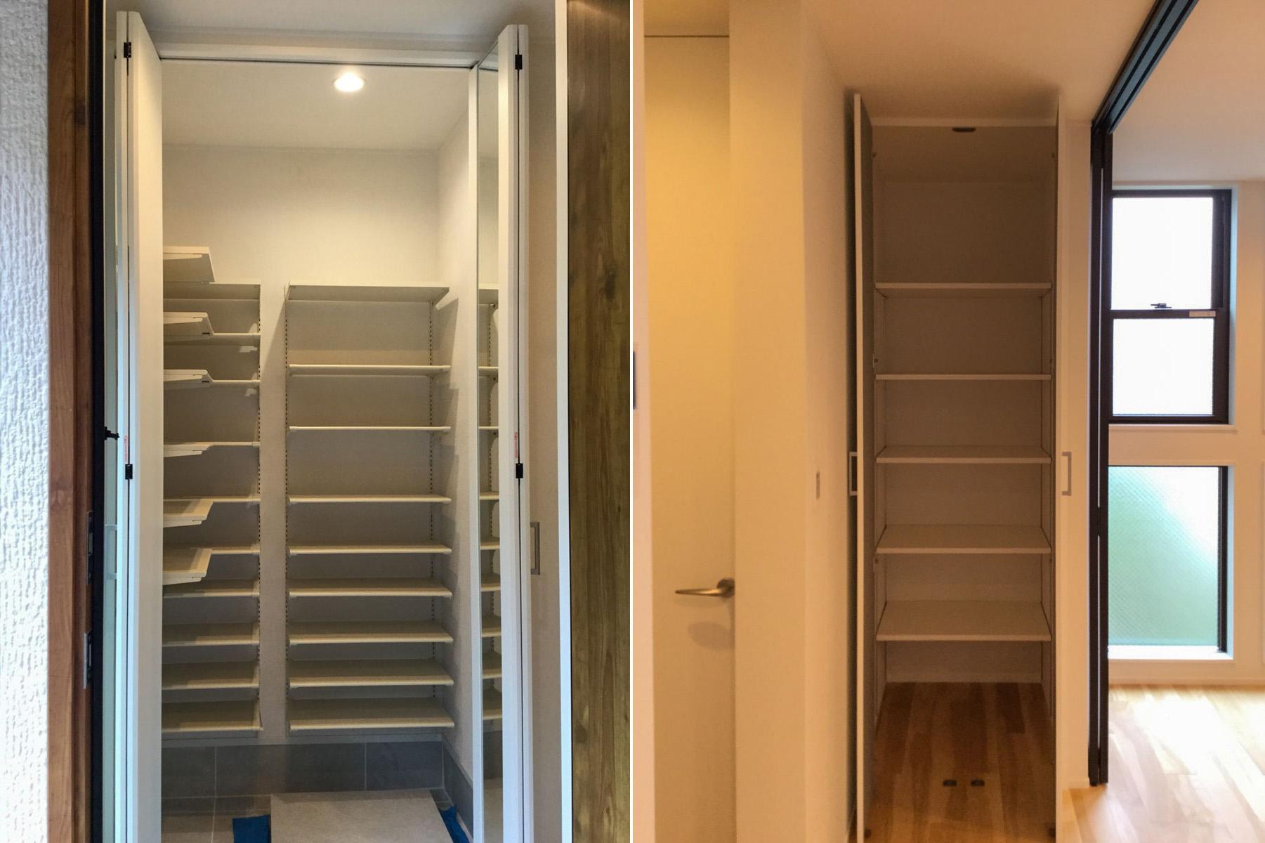 杉並区堀之内の賃貸物件/写真左：シューズクローゼットはベビーカーもしまえるサイズ感　写真右：2階LDKの南西側収納