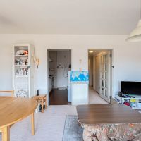 三鷹市下連雀の売買物件/窓側から梁のないスッキリしたリビングを見る。左の開口部はキッチン入口