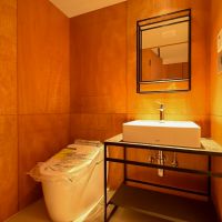 目黒区上目黒の賃貸物件/ホテルライクなサニタリー。壁の木材も、いい雰囲気