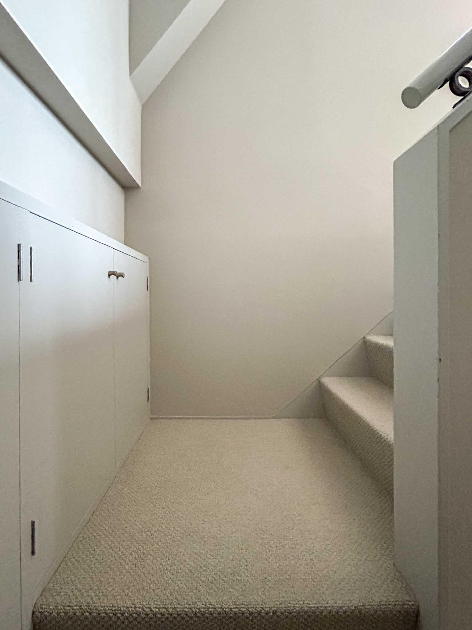 新宿区西早稲田の賃貸物件/階段はふかふかのカーペット敷き。踊り場に収納もついています