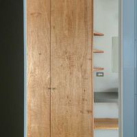 新宿区西早稲田の賃貸物件/2階：脱衣室から外をみる。玄関横収納の面材もいい表情