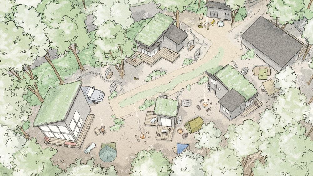 千葉県いすみ市岬町椎木の売買物件/前区画に建物（モデルプランの場合）が建った時のイメージ鳥瞰図。もっと色々な種類の建物が配置されると、また面白い景観になりそう