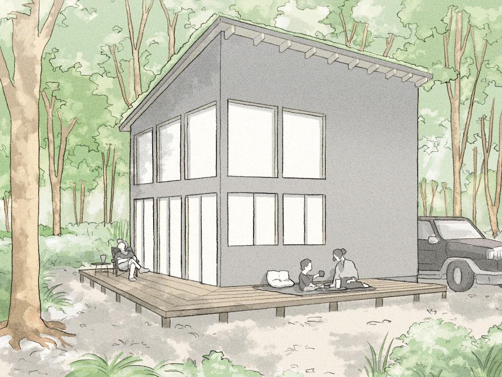 千葉県いすみ市岬町椎木の売買物件/「2階建」プランの、自然と遊ぶ暮らしを描いた参考スケッチ。